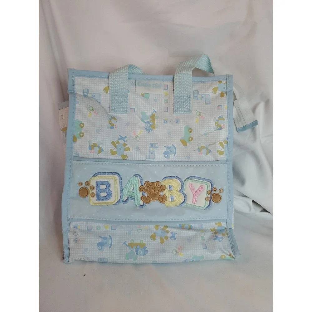 Vtg Plastic Blue Embroidered Baby Diaper bottle Bag Rocking Horse Block Bear 90s